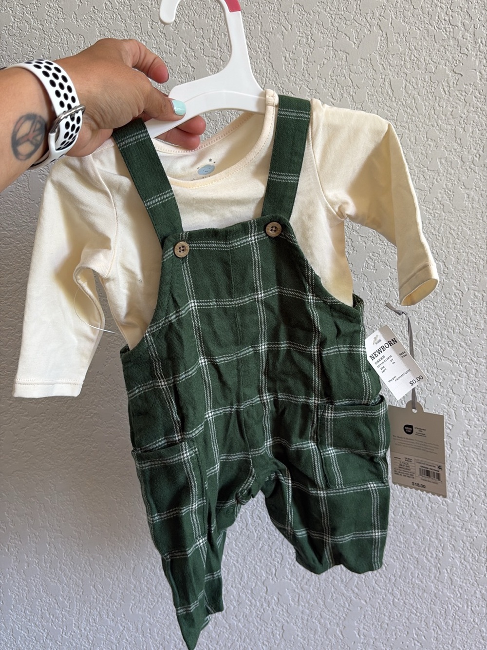 cloud island Green Plaid Overalls with Cream Top